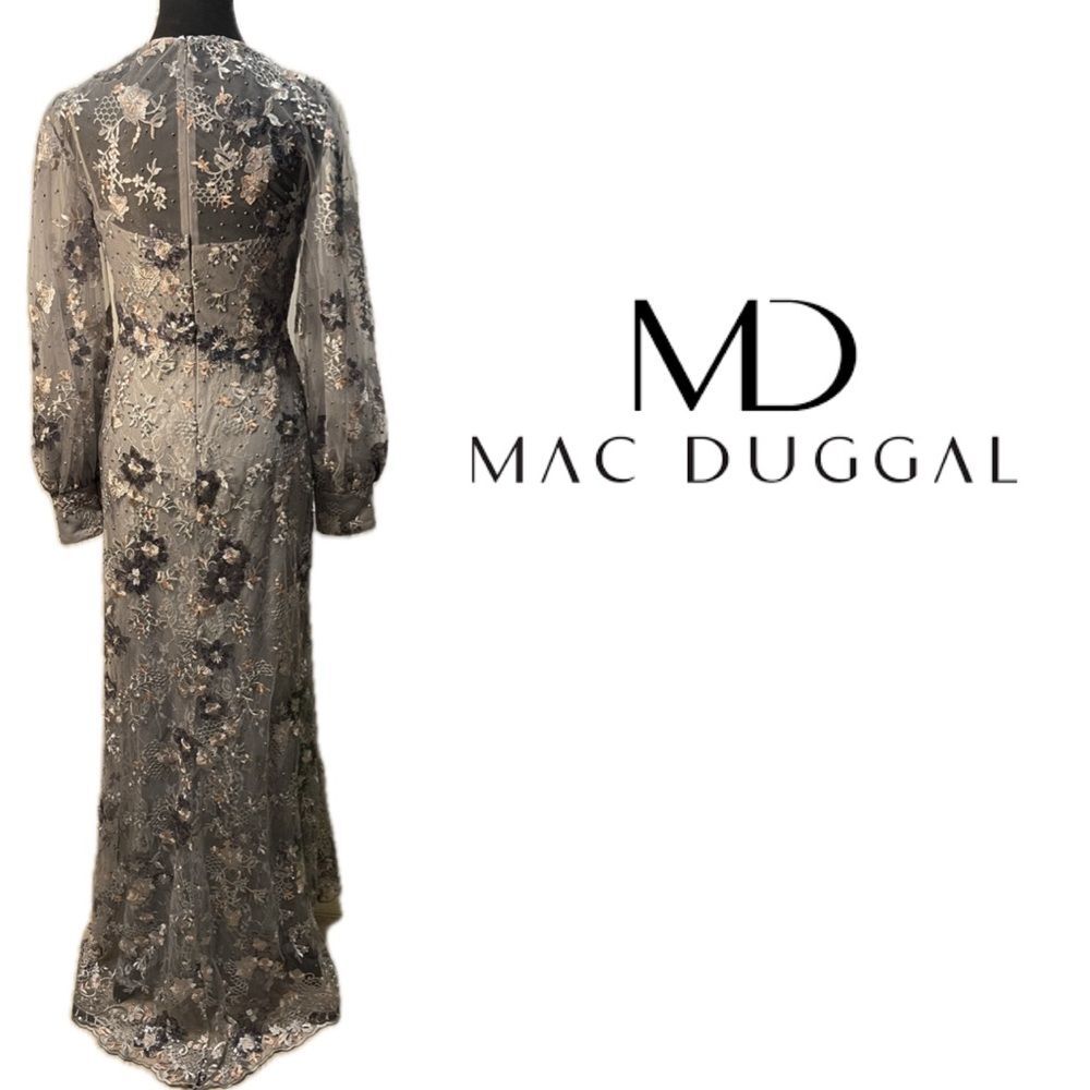Mac Duggal 67936 Platinum Embroidered Flower Jewel Illusion Bishop Sleeve Gown 4 - Picture 2 of 16